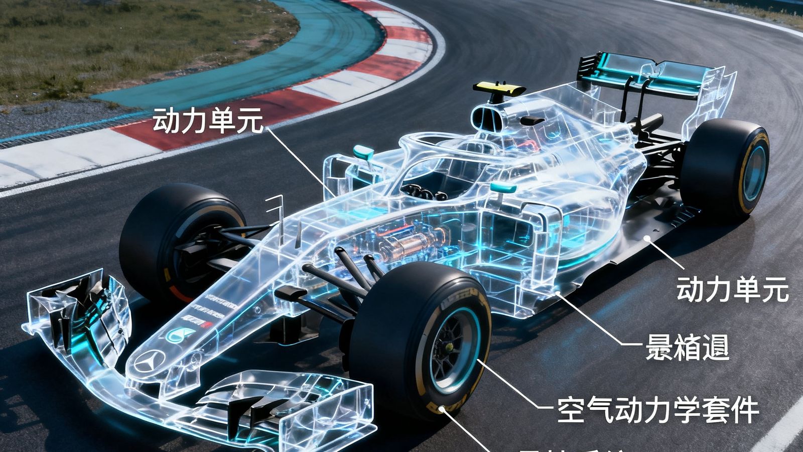 F1新赛季技术规则解读文章配图，一辆F1赛车以半透明效果展示其内部结构，旁边标注着新规涉及的关键部件区域，背景是赛道弯道的俯拍图。